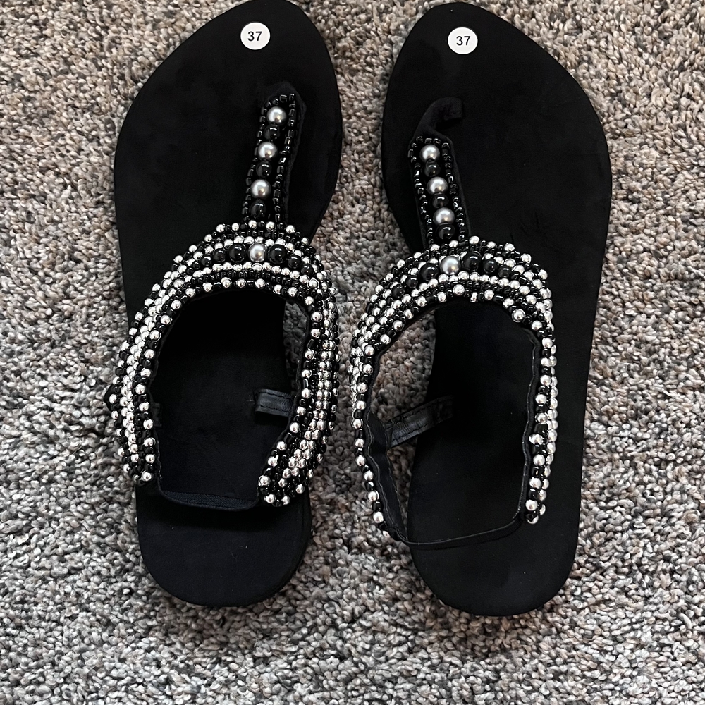 New !!Elegant Black Beaded Women's Sandals